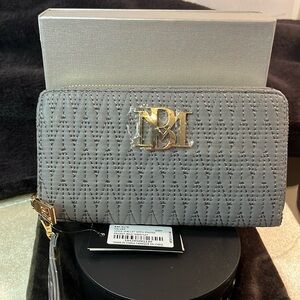 Badgley Mischka Long Grey Vegan Leather Wallet w Phone Pocket and Wristlet NWT